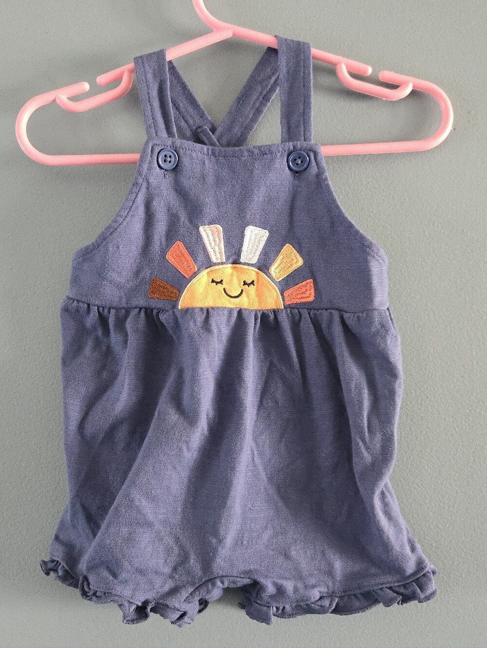 Baby Girl Short Overalls with Smiling Sun Applique 9m
